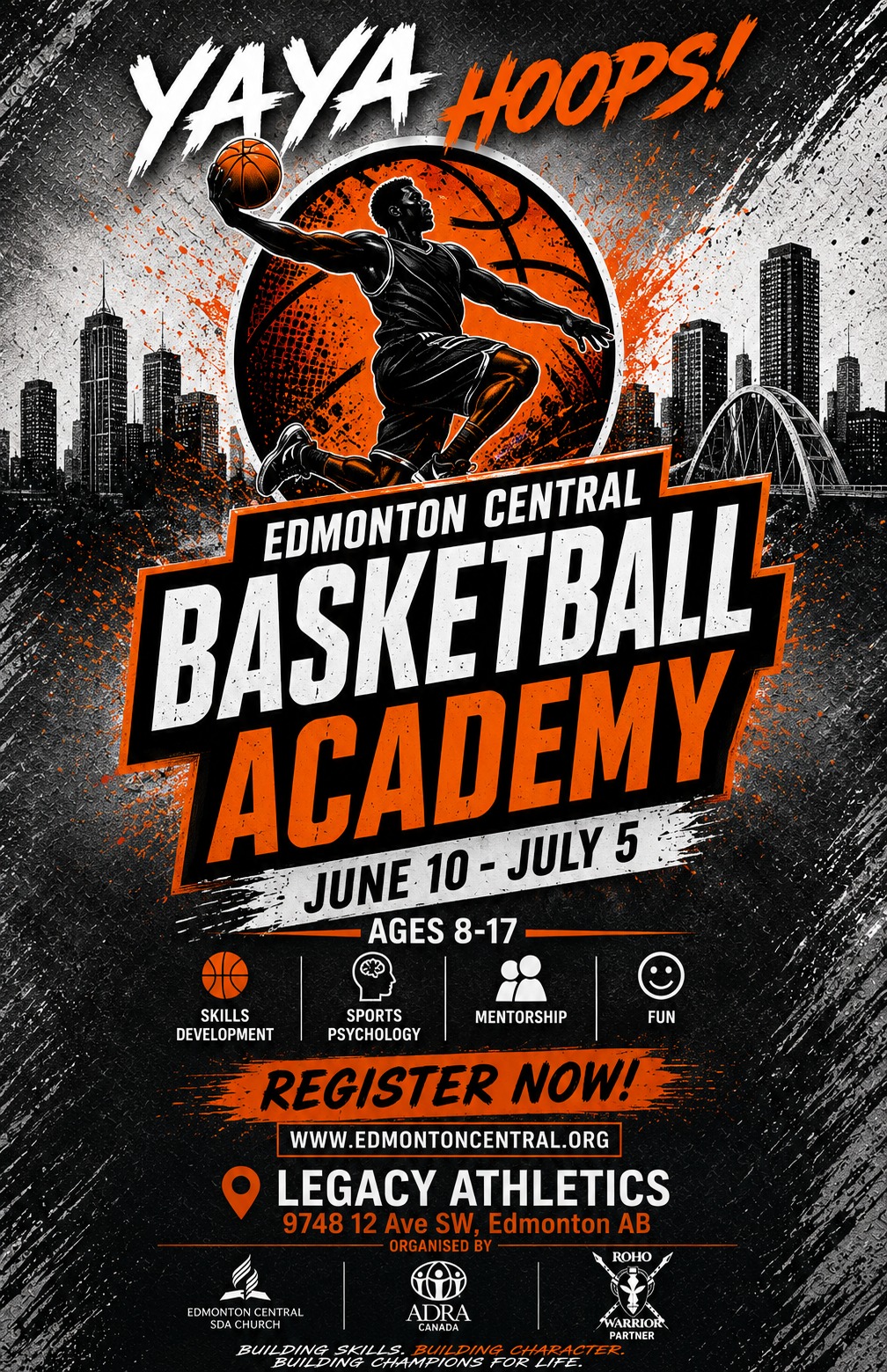 Edmonton Central Basketball Academy. Yaya Hoops. June 10 to July 5. Ages 8 to 17. Legacy Athletics, 9748 12 Ave SW Edmonton.