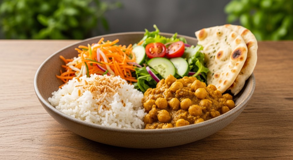 The Vegan Golden Bowl — coconut rice, chickpea curry, garden salad, naan