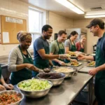 Volunteers preparing fresh plant-based food in the church kitchen