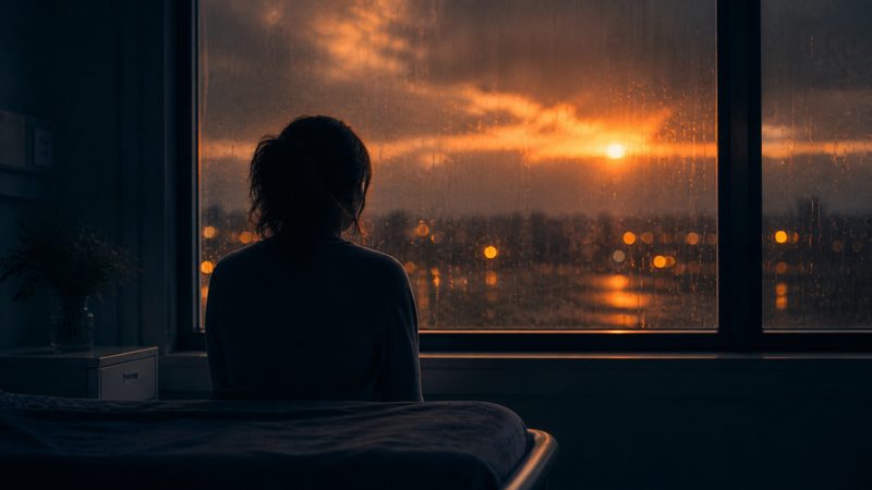 Why Suffering? &mdash; a person alone at a rain-streaked window at dusk