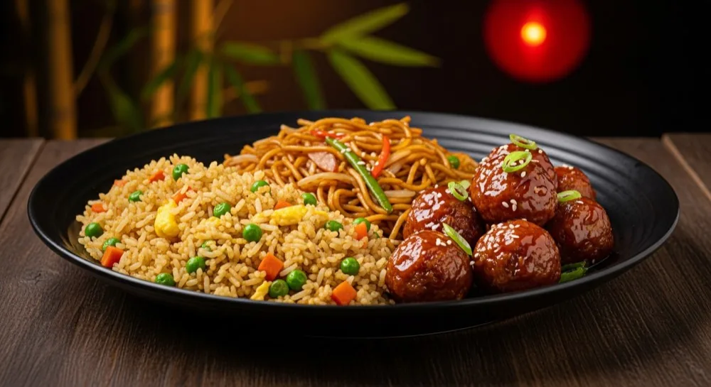 Taste of Asia Combo — fried rice, chow mein, veggie Manchurian
