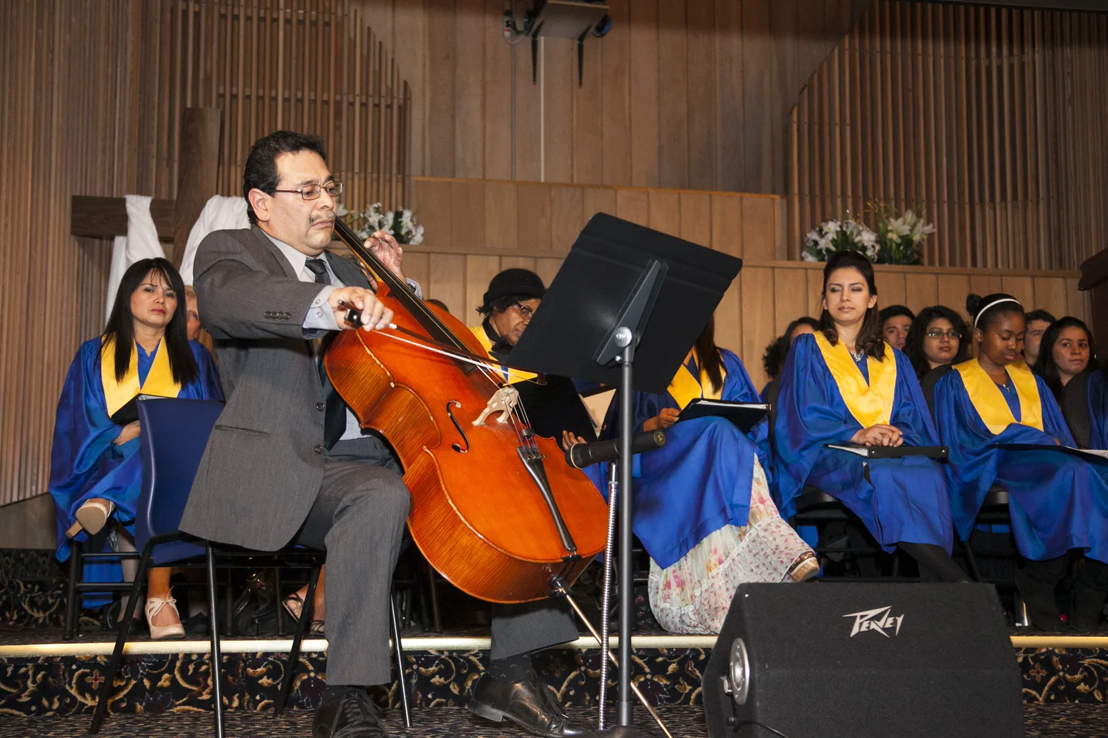 A cellist accompanying the Edmonton Central choir during a Sabbath service